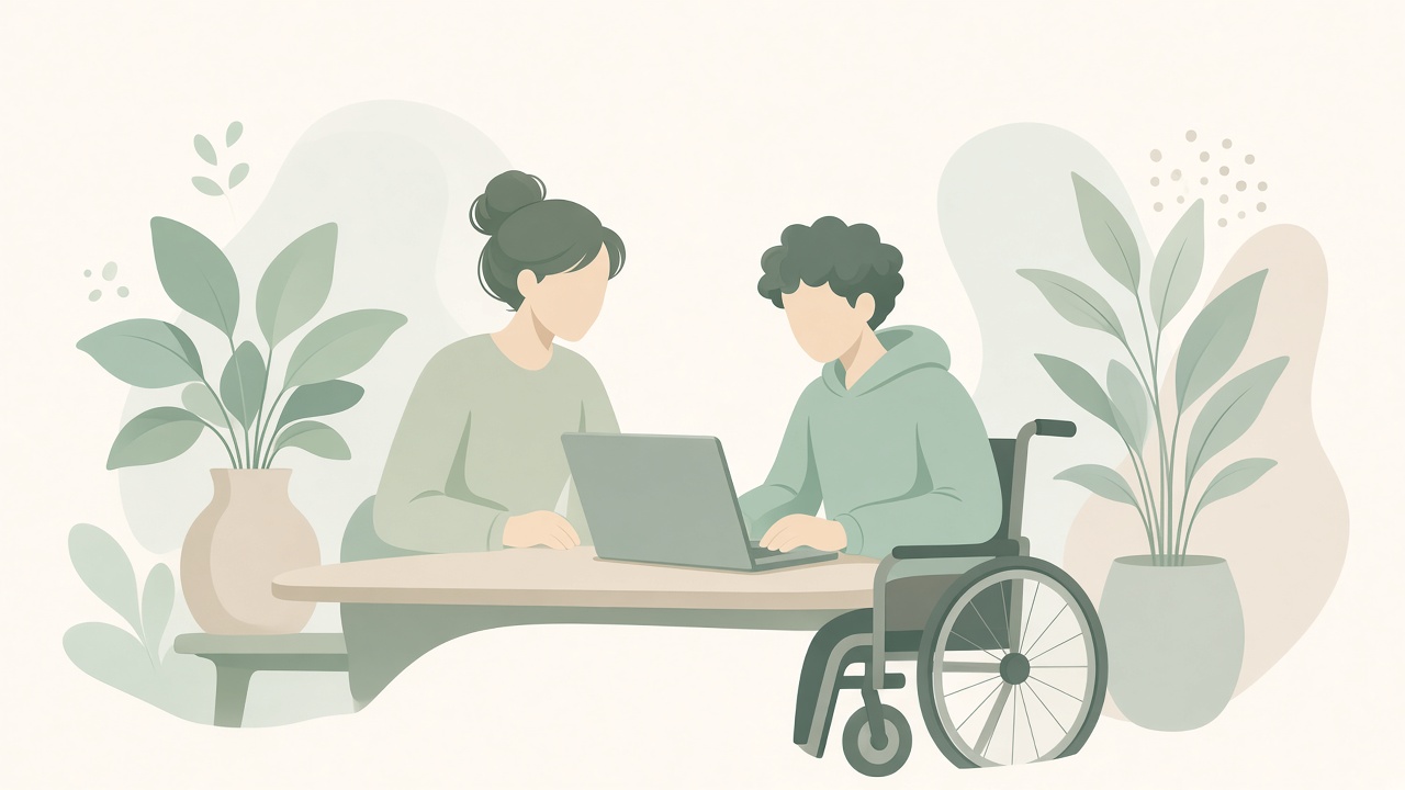 Illustration of a mentor and a learner in a wheelchair working at a laptop