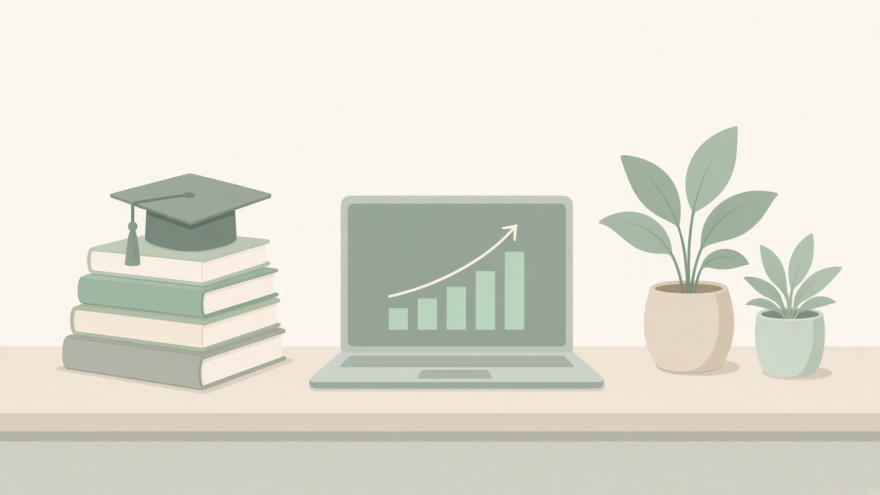 Illustration of books, a graduation cap and a laptop showing growth