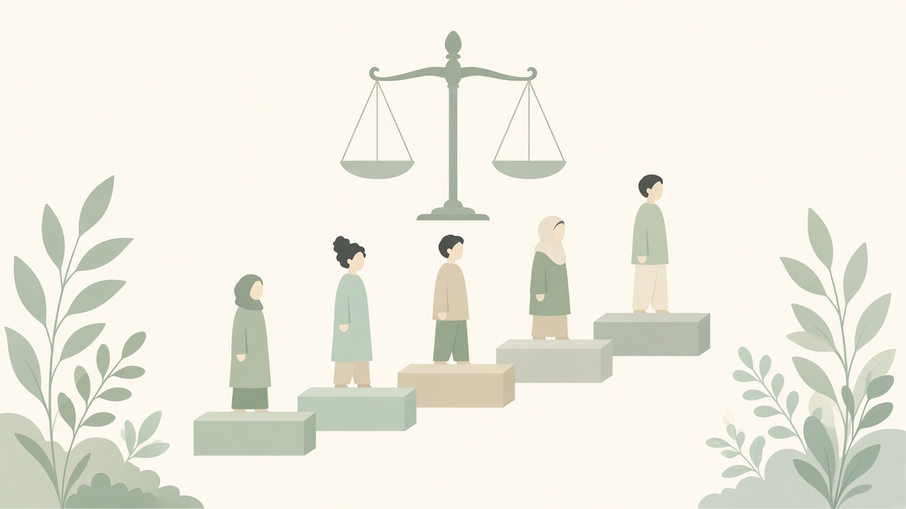 Illustration of diverse people on equal steps beneath balanced scales