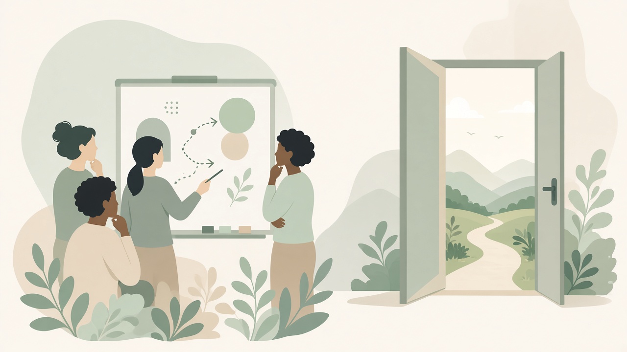 Illustration of a diverse team sharing ideas beside an open door