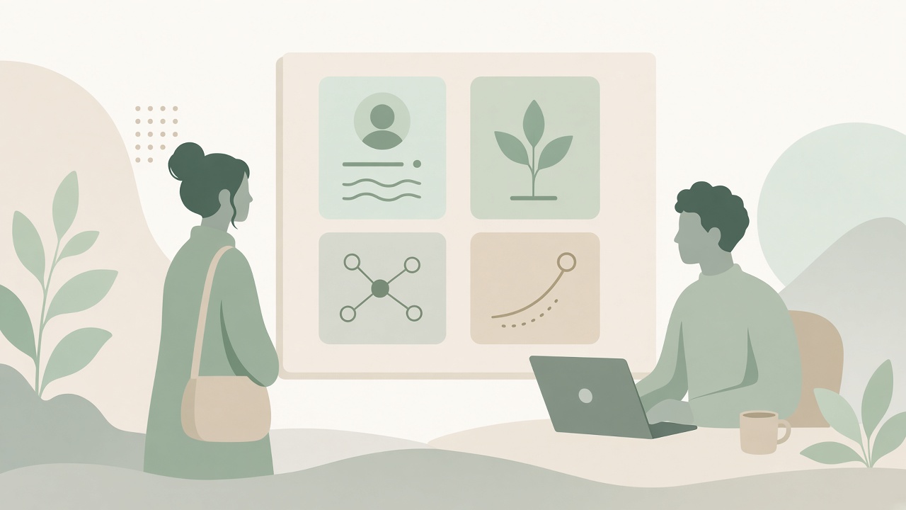 Illustration of people looking at job opportunities on a board and laptop