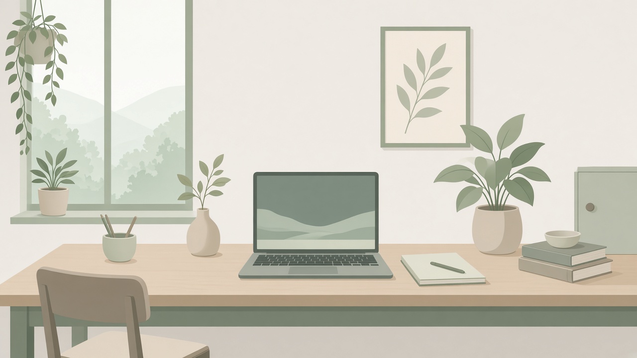 Illustration of a home working desk with a laptop and plants