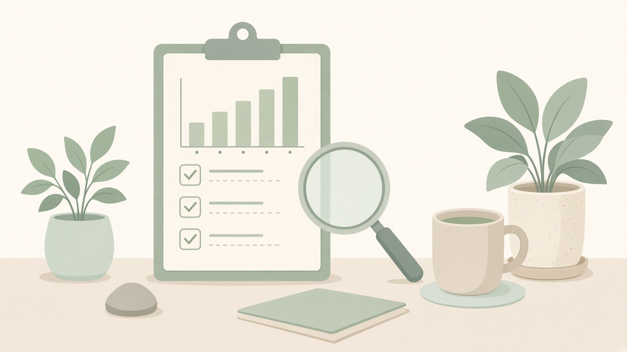 Illustration of a report with charts and checkmarks beside a magnifying glass