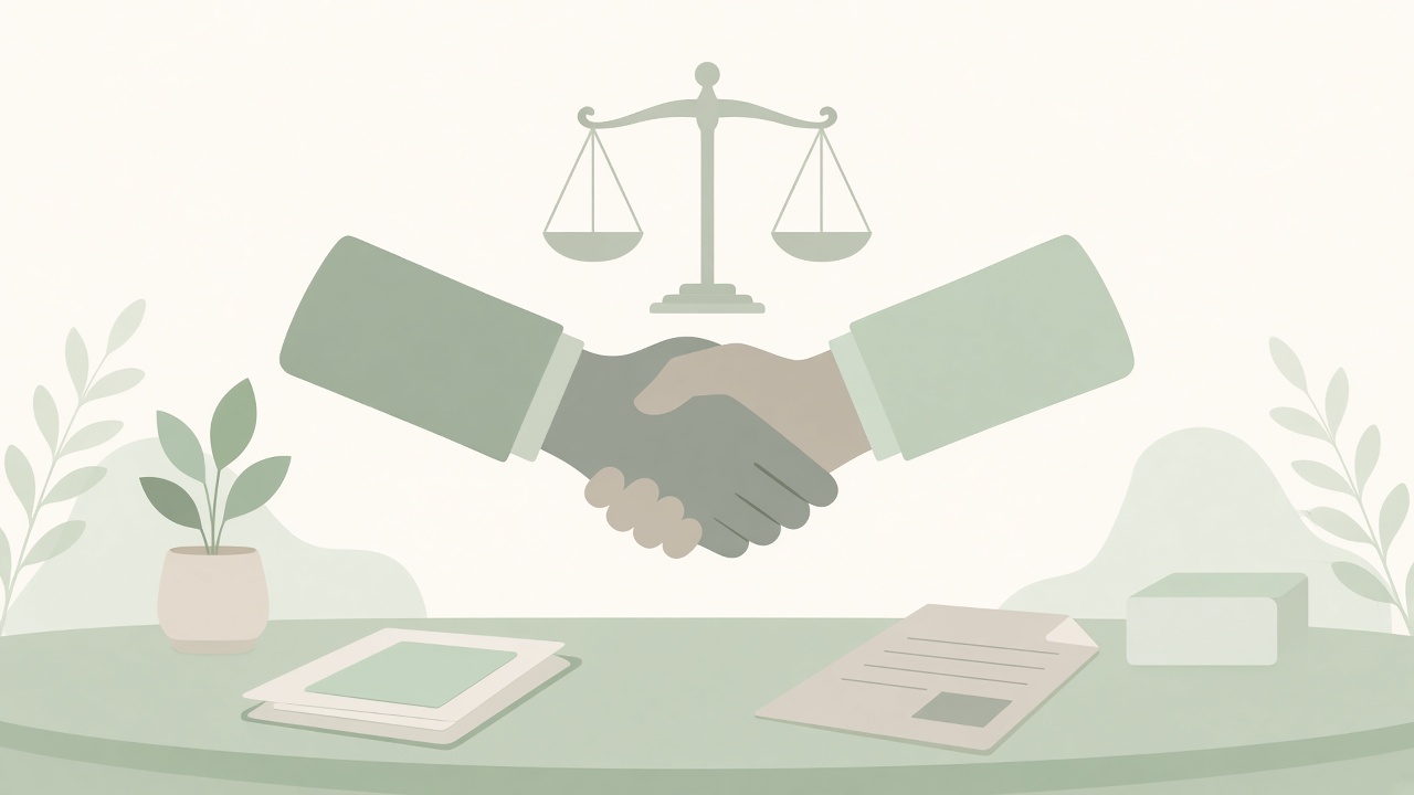 Illustration of a handshake with balanced scales and documents