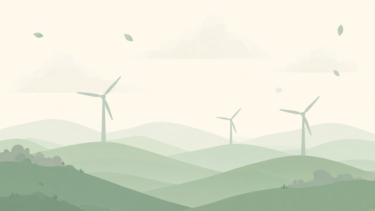 Illustration of wind turbines on green rolling hills