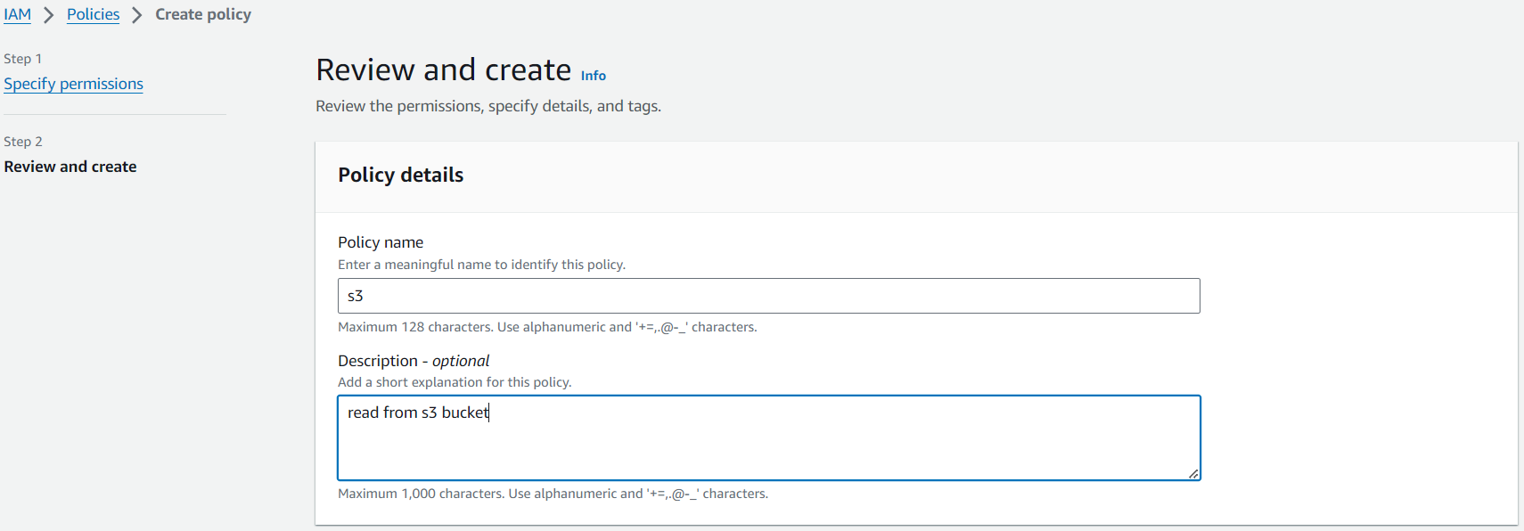 Create new policy form fields