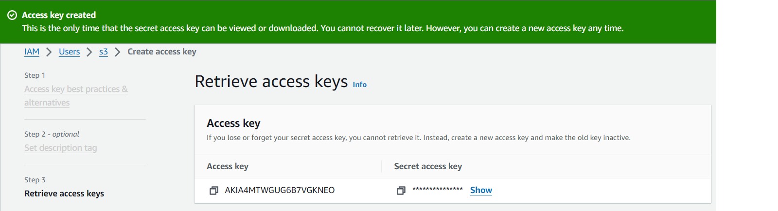 Success message with your Access Key ID